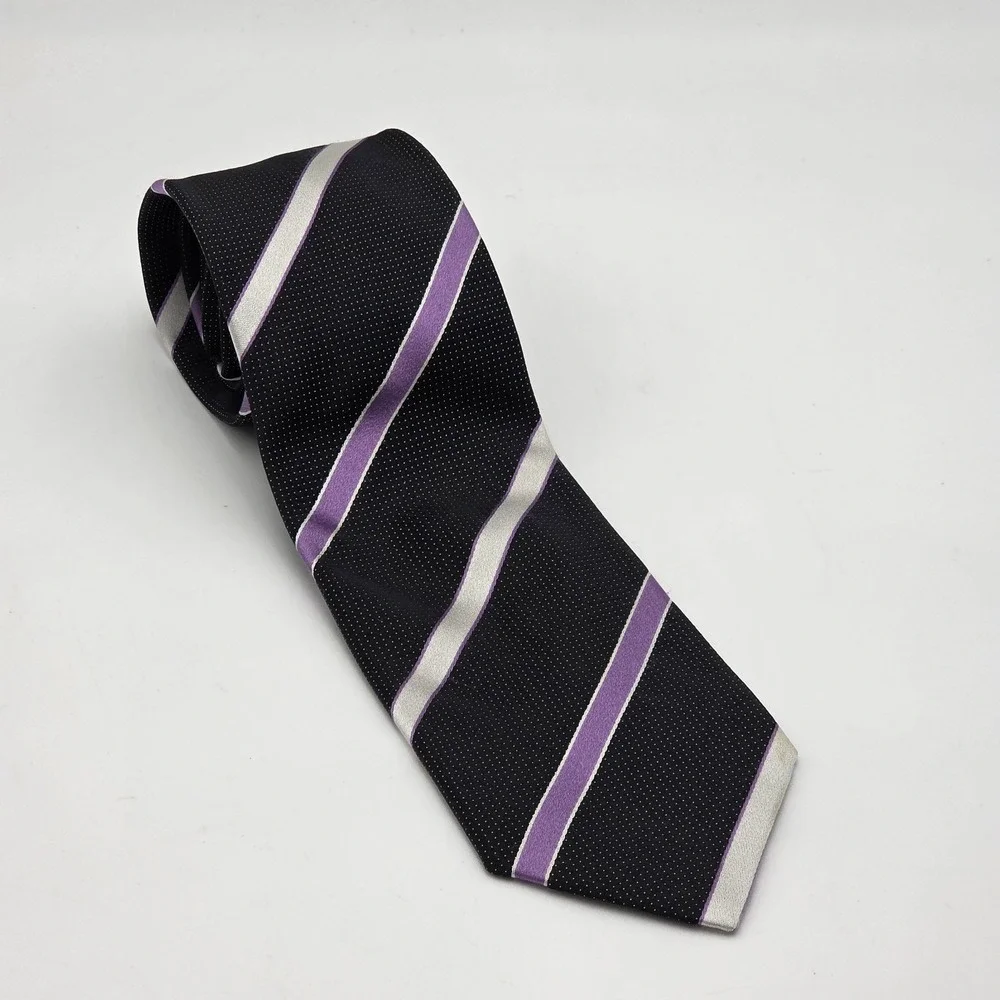 Brioni Black Silk Tie Purple Silver Stripe Handmade Italy Classic Luxury